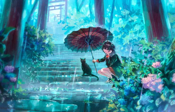 Ladder, schoolgirl, black cat, red umbrella, hydrangea, stone steps, under the umbrella, squats