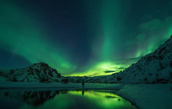 Winter, snow, mountains, night, lake, reflection, shore, the slopes
