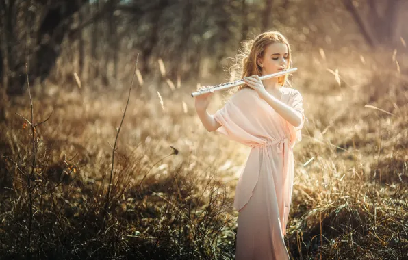 Nature, girl, flute, bokeh