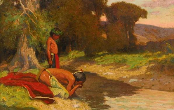 Picture river, father and son, Eanger Irving Couse, The Cooling Stream