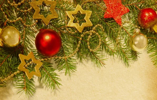 Balls, stars, tree, Christmas decorations