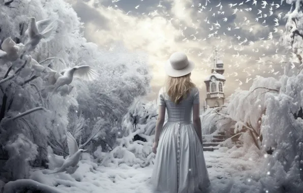 Winter, frost, girl, snow, trees, birds, branches, nature