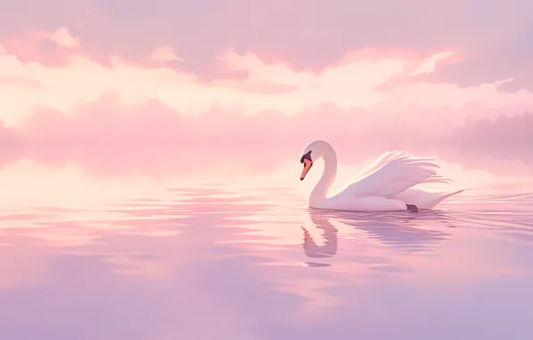 White, the sky, clouds, reflection, bird, Swan, pink background, pond