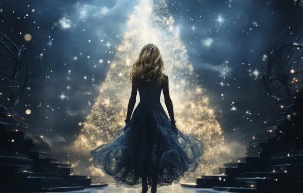 Picture Girl, Lights, Night, Christmas, Dress, New year, Tree, Digital art