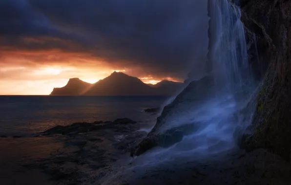 Picture sea, the sky, light, mountains, clouds, nature, rocks, waterfall