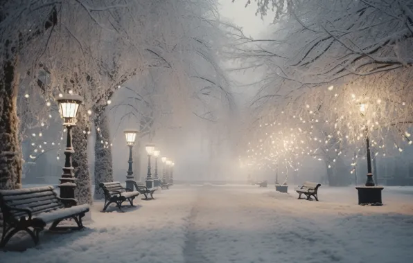 Winter, snow, trees, bench, snowflakes, night, lights, Park