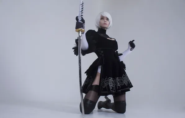 Picture sword, katana, grey background, black dress, Nier, cosplay, short hair, NieR Automata