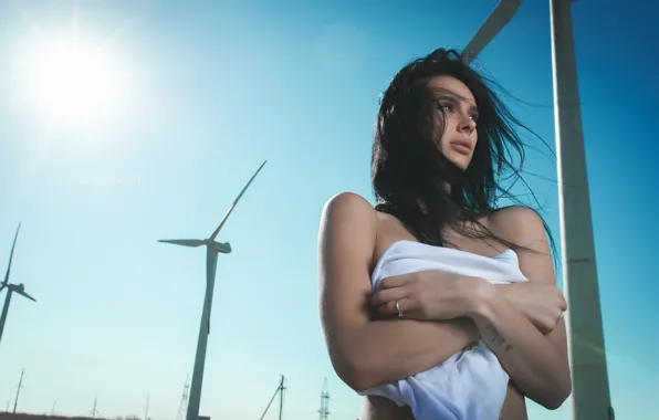 Girl, face, pose, hair, hands, brunette, windmills, windmills