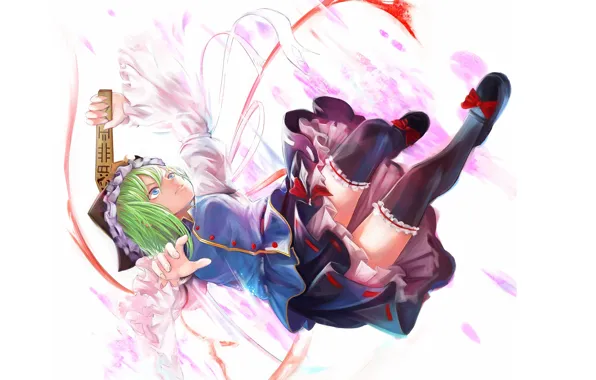 Jump, magic, hat, bows, green hair, art, black stockings, Kazabana Fuuka