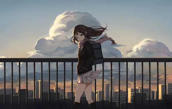 The sky, girl, clouds, the city, home, anime, art, form