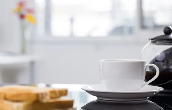 Picture flowers, table, kettle, Cup, saucer, bokeh, toast