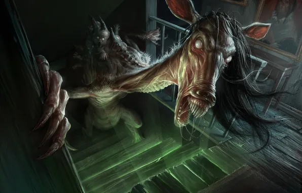 Picture dark, wood, fear, horse, hands, faces, staircase, table