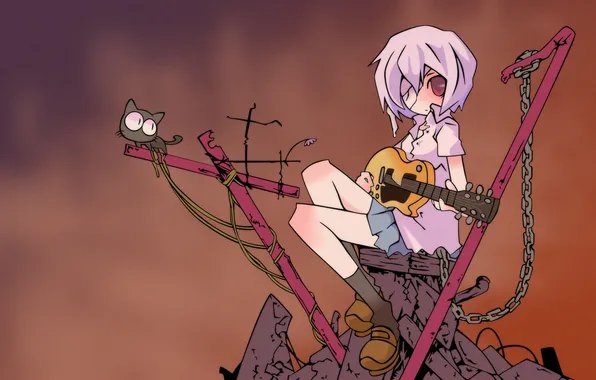 Picture cat, girl, guitar, the ruins, Rei, Ayanami, Ray, Ayanami