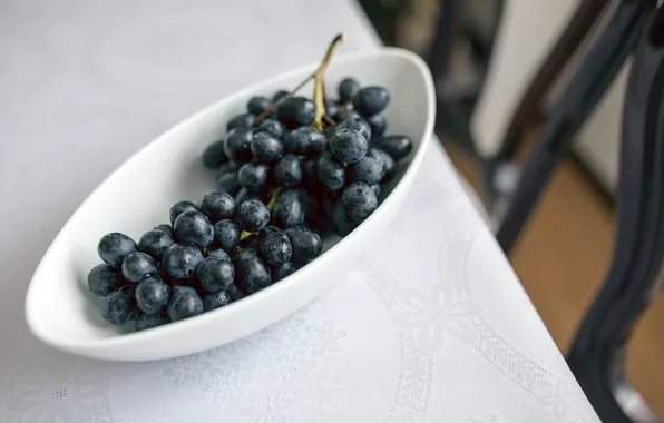 Table, plate, grapes, bowl, tablecloth