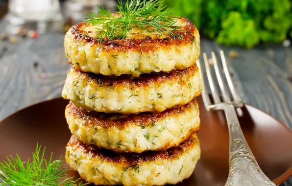 Plug, cakes, burgers, pancakes, Closeup, Baking, Fork