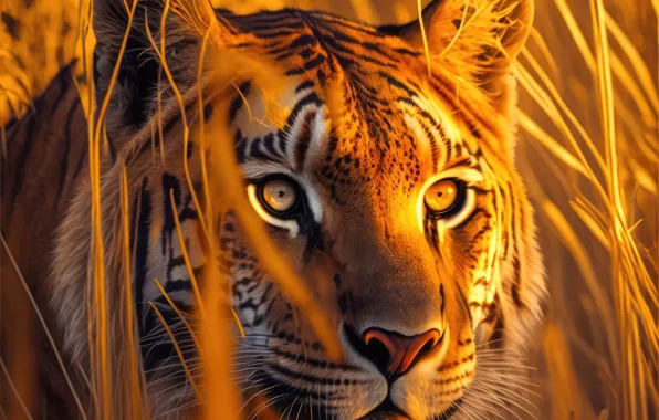 Look, Tiger, Eyes, Face, Predator, Bengal tiger, Digital art, Big cat