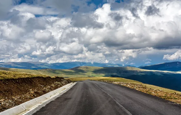 Road, clouds, hills