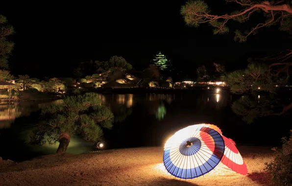 Picture trees, night, lights, pond, Japan, garden, lights, umbrellas