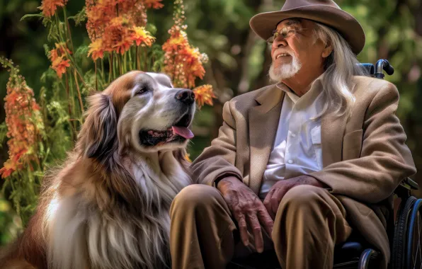 Language, summer, look, flowers, old age, pose, devotion, dog