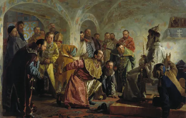 Oil, king, knife, Canvas, bow, jester, Nikolai NEVREV, The guardsmen