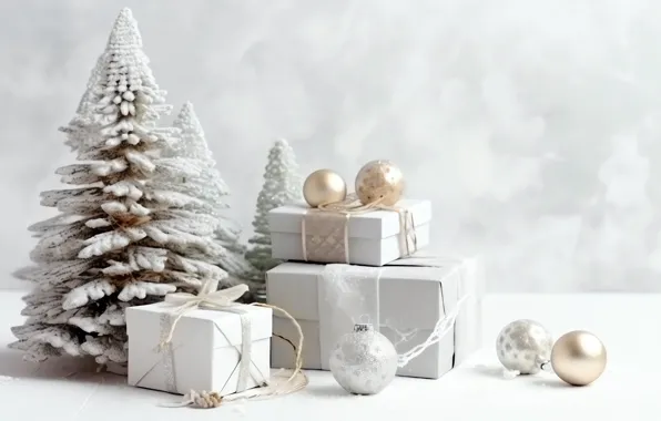 Balls, branches, silver, Christmas, gifts, white background, New year, herringbone