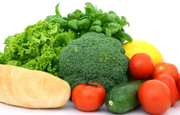 Greens, vegetables, tomato, baguette, salad, broccoli, zucchini, Basil