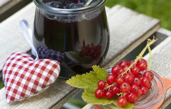 Leaves, berries, heart, red, currants, jam, jar