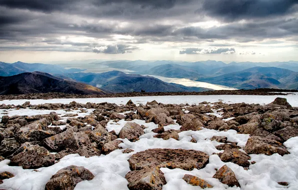 Picture the sky, rays, snow, clouds, stones, view, mountain, Scotland