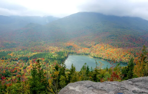 Picture autumn, forest, the sky, mountains, lake, haze, USA, New York