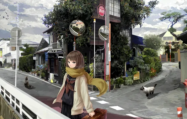 Picture girl, cats, the city, street, anime, suitcase, art, Mikipuruun No Nae Soon
