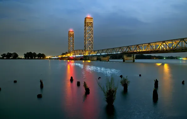 Night, lights, river, Bridge, CA, night, California, River