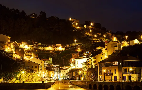 Picture night, lights, mountain, home, slope, lights, Spain, Cudillero
