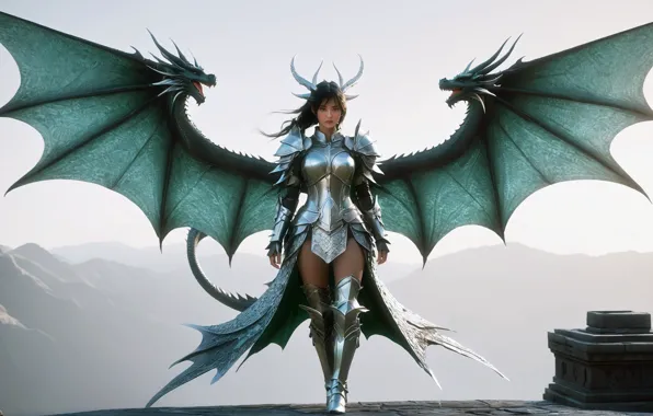 Girl, wings, dragons, armor, fantasy