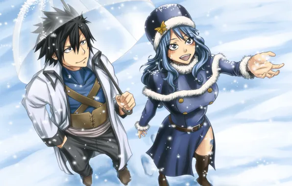 Girl, umbrella, anime, art, guy, two, fairy tail, Fairy Tail