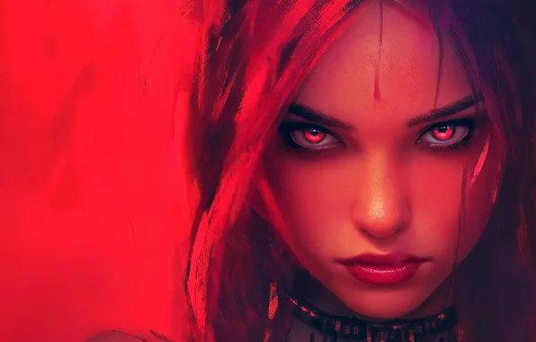 Girl, red, red eyes, face, digital art, artwork, illustration, closeup