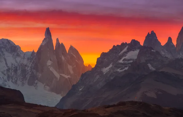 Winter, snow, sunset, mountains, rocks, the slopes, tops, Andes