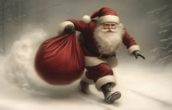 Winter, road, snow, running, Christmas, New year, Santa Claus, bag