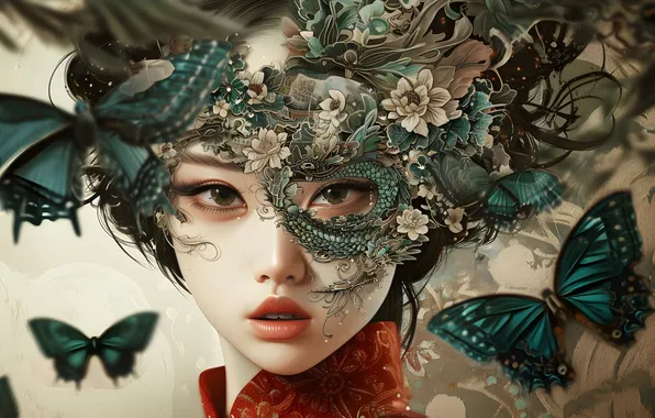 Look, girl, butterfly, flowers, face, portrait, snake, fantasy