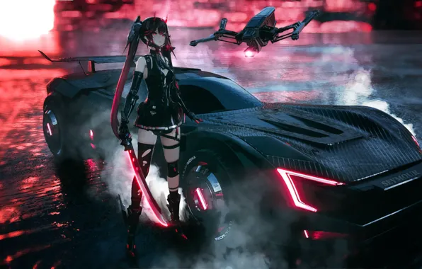Weapons, katana, anime, brunette, long legs, race car, drone, short dress