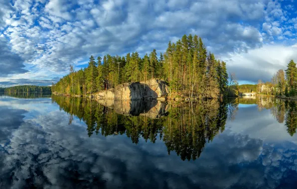 Trees, lake, reflection, island, Finland, Finland, Kymenlaakso, Woerl