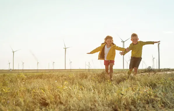 Picture Boy, Children, Running, Girl, Two, Wind energy, Wind energy, Zero Emissions