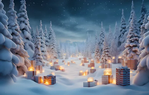Winter, forest, snow, ate, Christmas, gifts, New year, tree