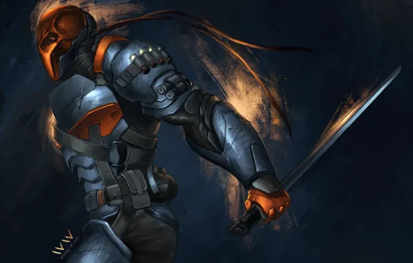 Picture sword, mask, art, armor, Batman: Arkham Origins, Deathstroke