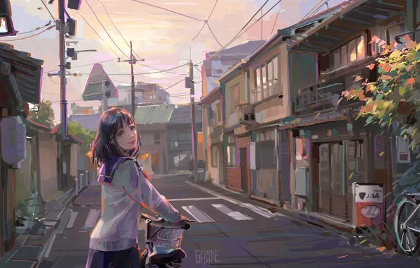 Picture bike, posts, wire, home, Japan, the transition, Japan, schoolgirl