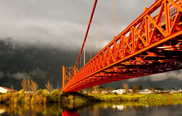 River, mountains, clouds, Chile, Patagonia, South America, Aysen, President Ibáñez Bridge