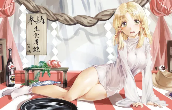 Girl, bottle, hat, art, characters, jacket, touhou, Moriya Suwako