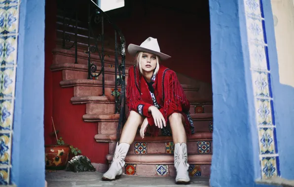 Hat, lips, hair, boots, entrance, stairs, cowgirl, direct gaze