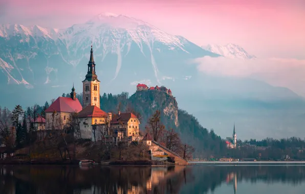 Forest, clouds, mountains, lake, Alps, Church, island, Slovenia