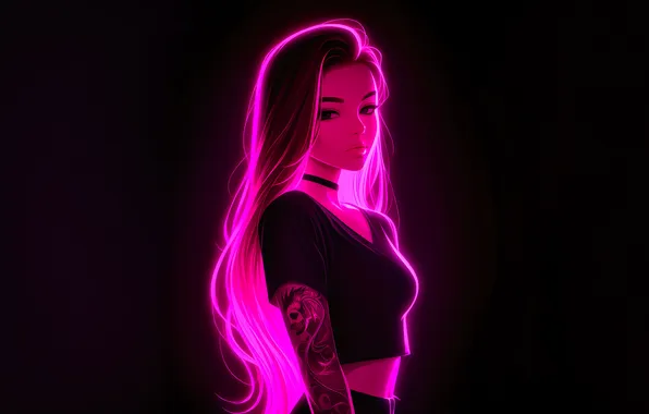 Girl, Pink, Neon, Girl, Pink, Black Background, Neon