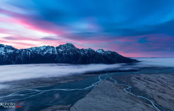 Clouds, mountains, height, panorama, river